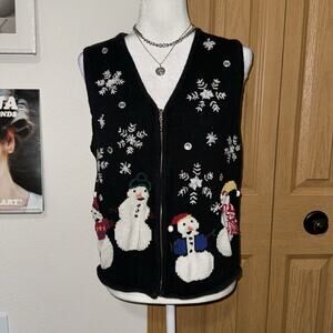 VTG Capacity Sweater Vest Women's Large Black Snowman Christmas Embroidered